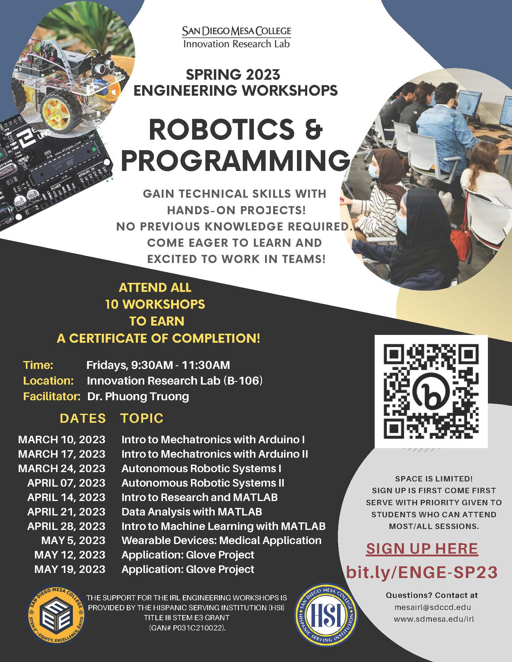 Spring 2023 IRL Engineering Workshop Series: Robotics & Programming - San Diego Mesa College Calendar