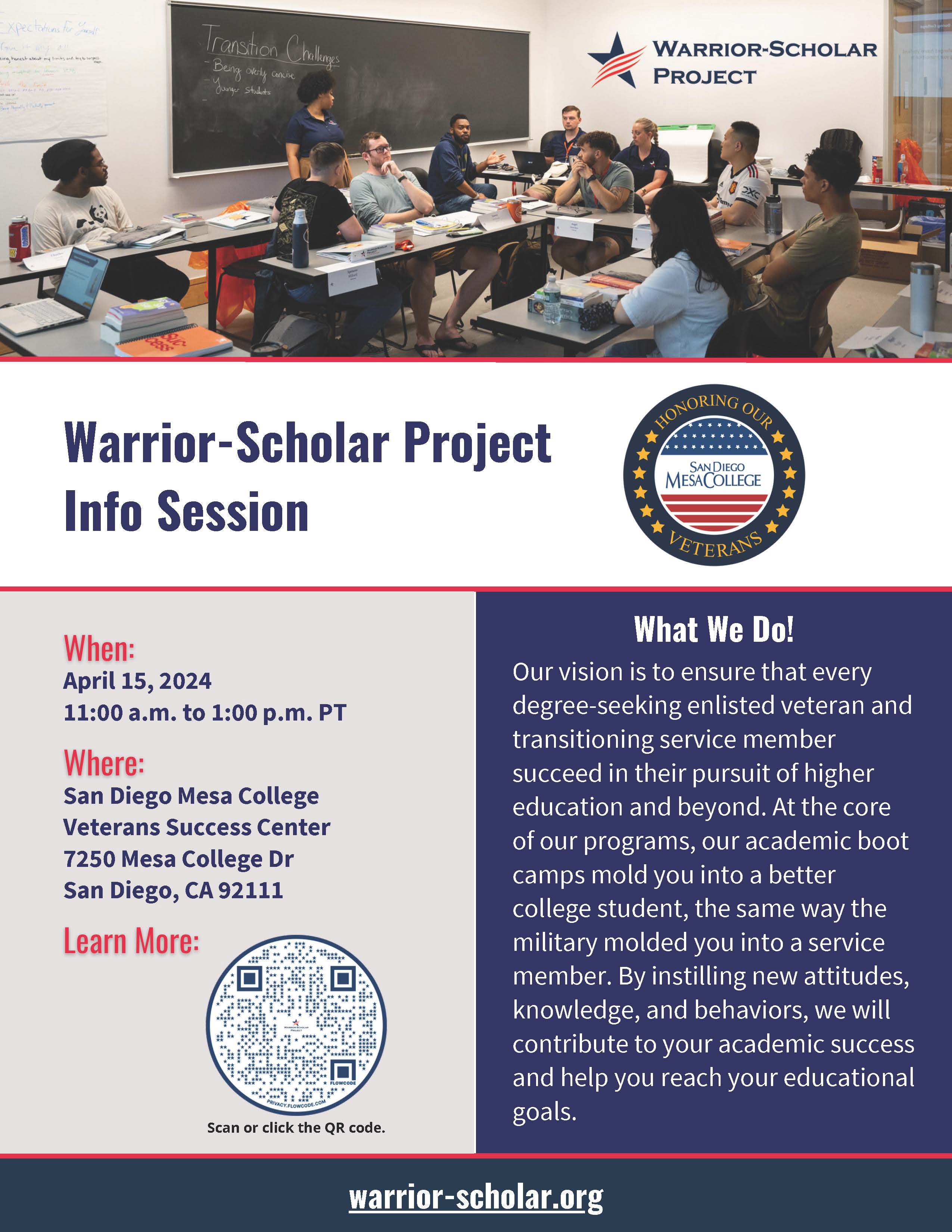 Warrior-Scholar Project Rep Visit - San Diego Mesa College Calendar